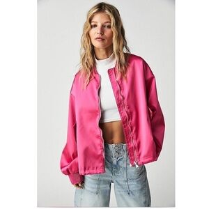 Free People We The Free Echo Satin Bomber Jacket, Hot Pink, Windbreaker, Large
